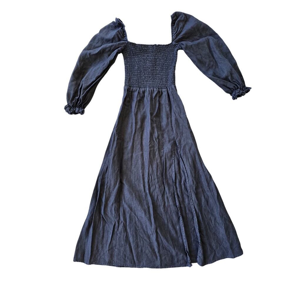 Reformation Gitane Linen Dress‎ in Black Puffed Sleeve Smocked Bodice Size XS